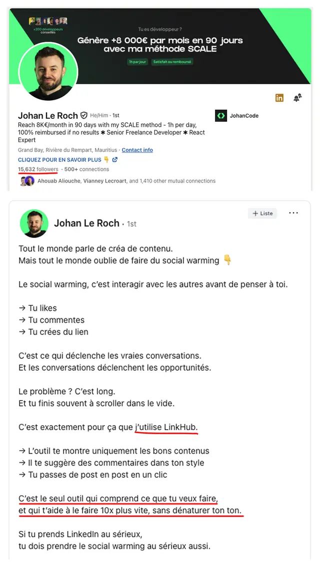 Résultat client LinkHub sur LinkedIn — exemple 1