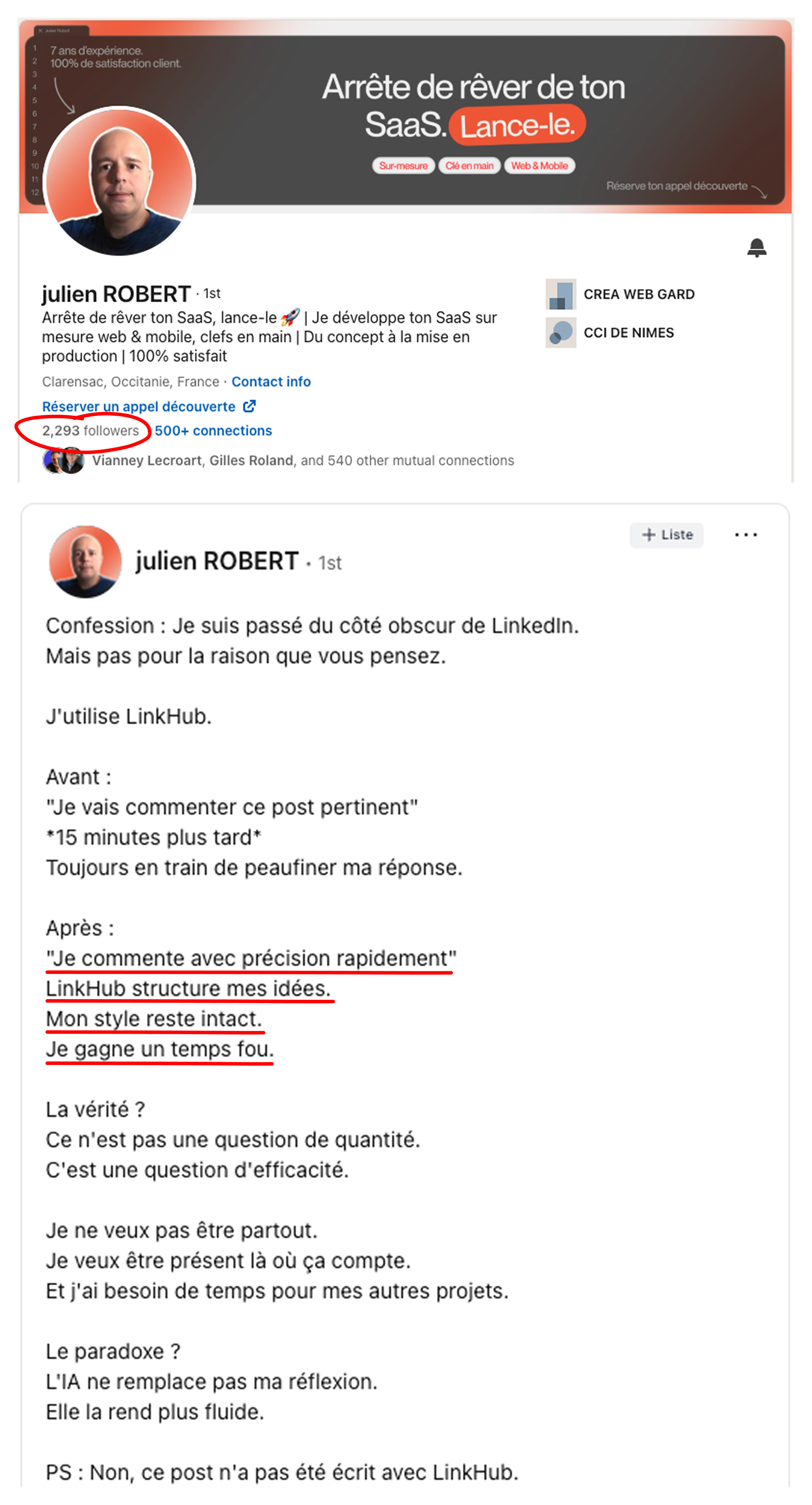 Résultat client LinkHub sur LinkedIn — exemple 4