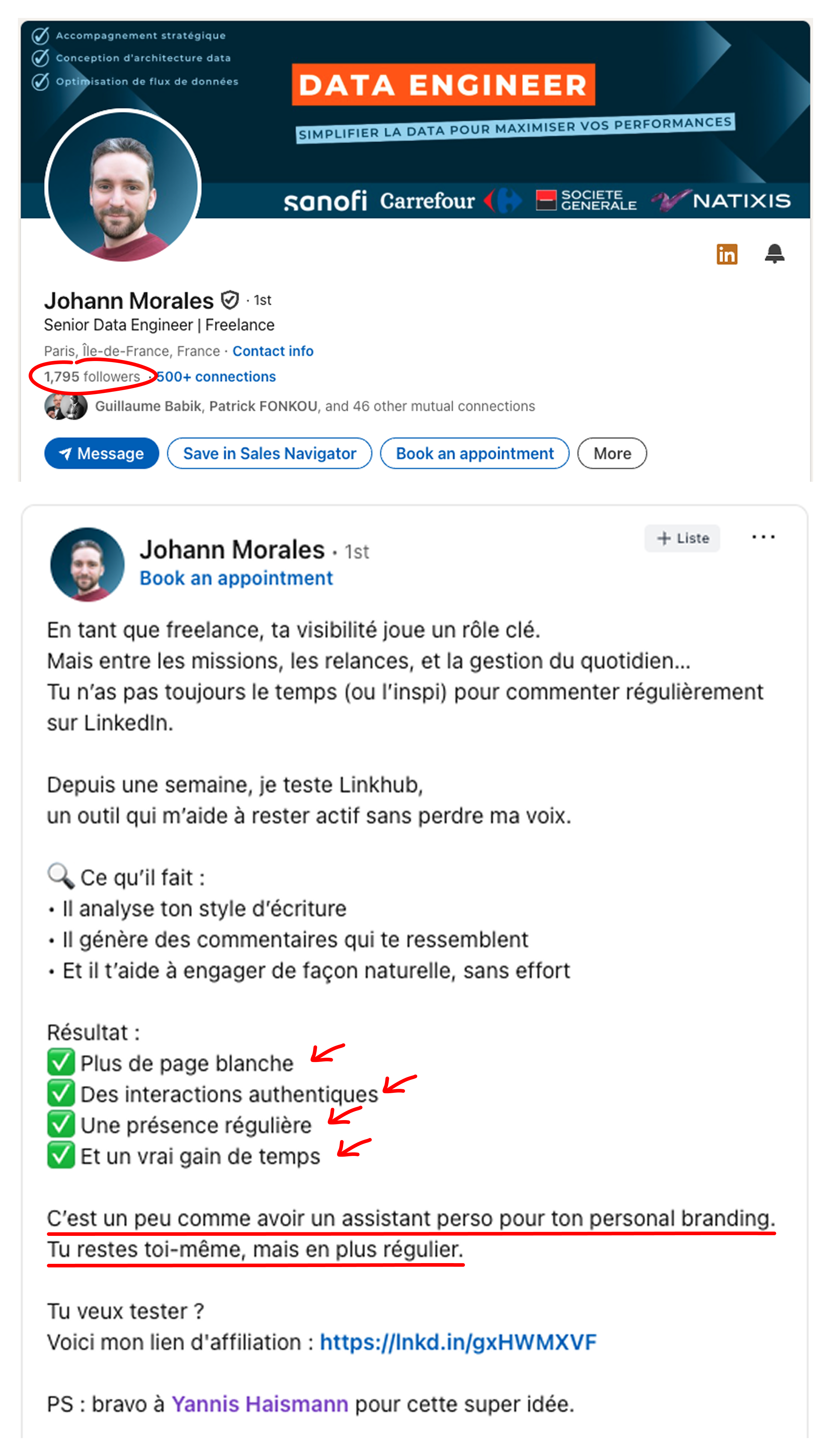 Résultat client LinkHub sur LinkedIn — exemple 5